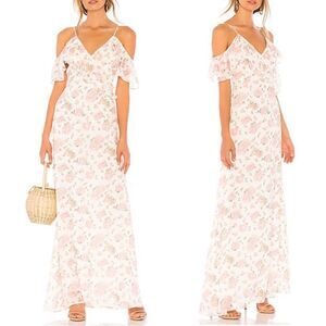 LPA Ruffle Floral Maxi Dress Off Shoulder Sz Medium White Pink‎ Romantic